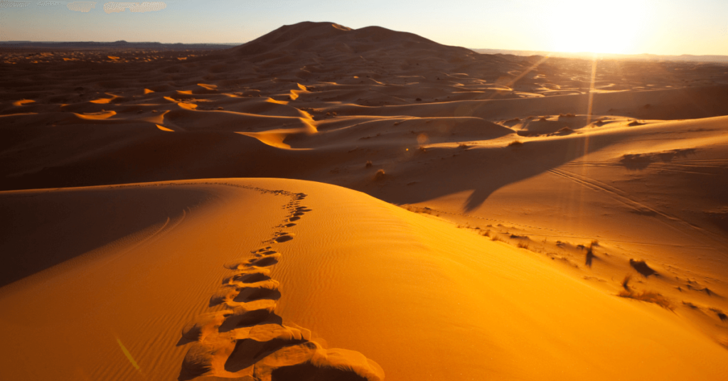 Imagem de um lindo deserto e ao fundo um lindo sol. Nas areias deste deserto, estão pegadas, representando uma jornada percorrida ali. Imagem destacada do site louvare.com, referente ao post: Paulo, o apóstolo de Cristo: A jornada de conversão e a influência na história do Cristianismo